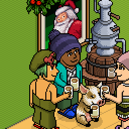 Christmas scene with Habbo characters, a small pig, and a Santa picture in the wall, a cozy festive setting